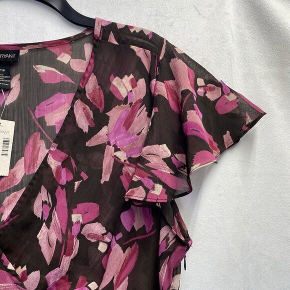 Lane Bryant Sheer V-Neck Short Flutter Sleeve Blouse Women Sz 14/16 Brown Floral - Picture 12 of 13